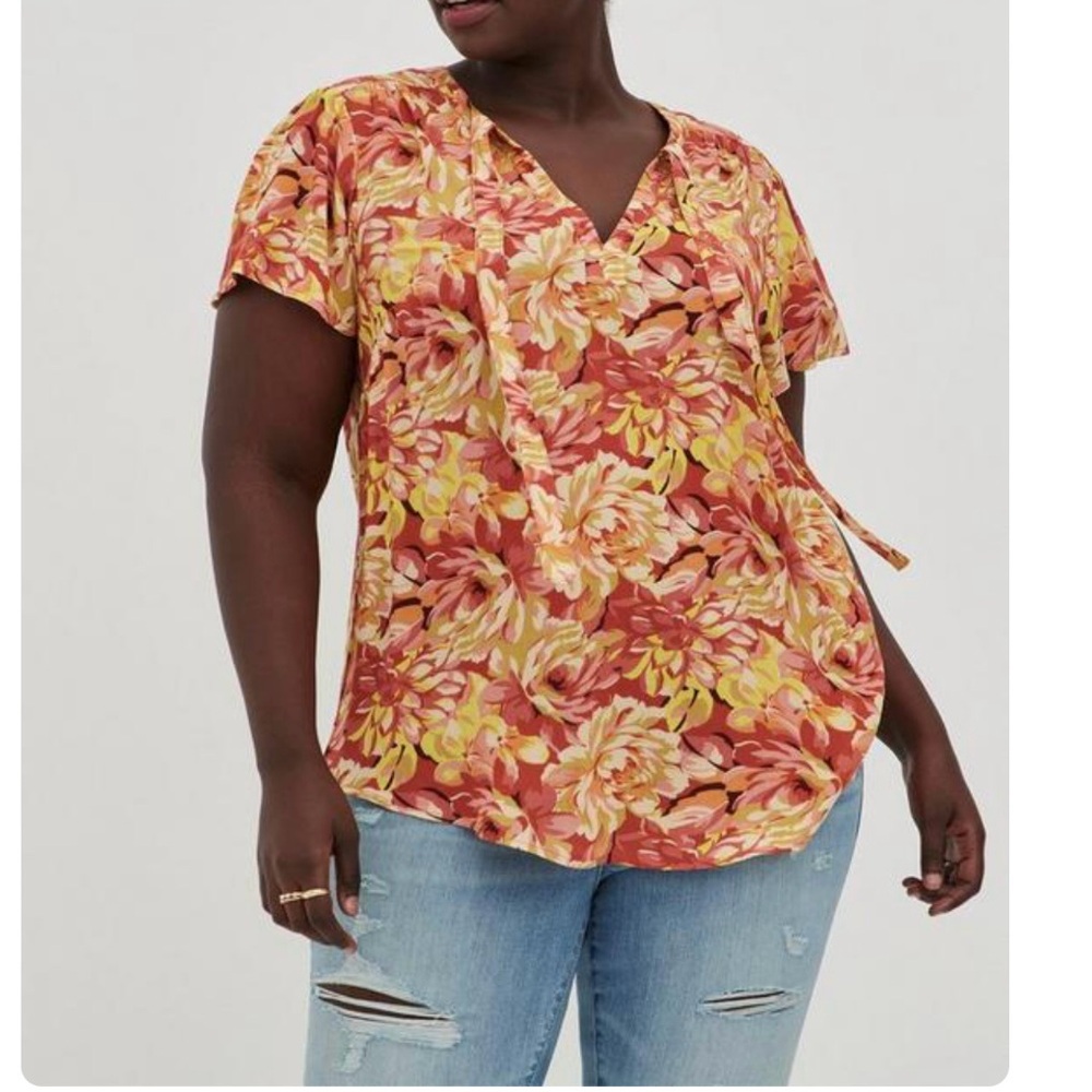 Torrid Orange Yellow Challis‎ Ties Flutter Sleeve Peasant Top Size 4X